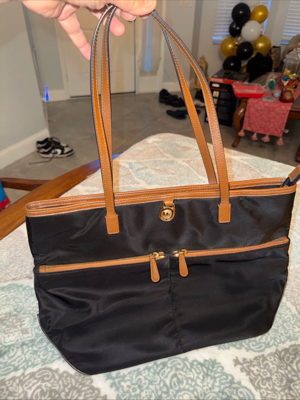 Michael Kors Black Nylon Tote with Tan Trim